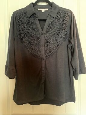 Black Button-Front Crochet Yoke Women's Top NEVER WORN